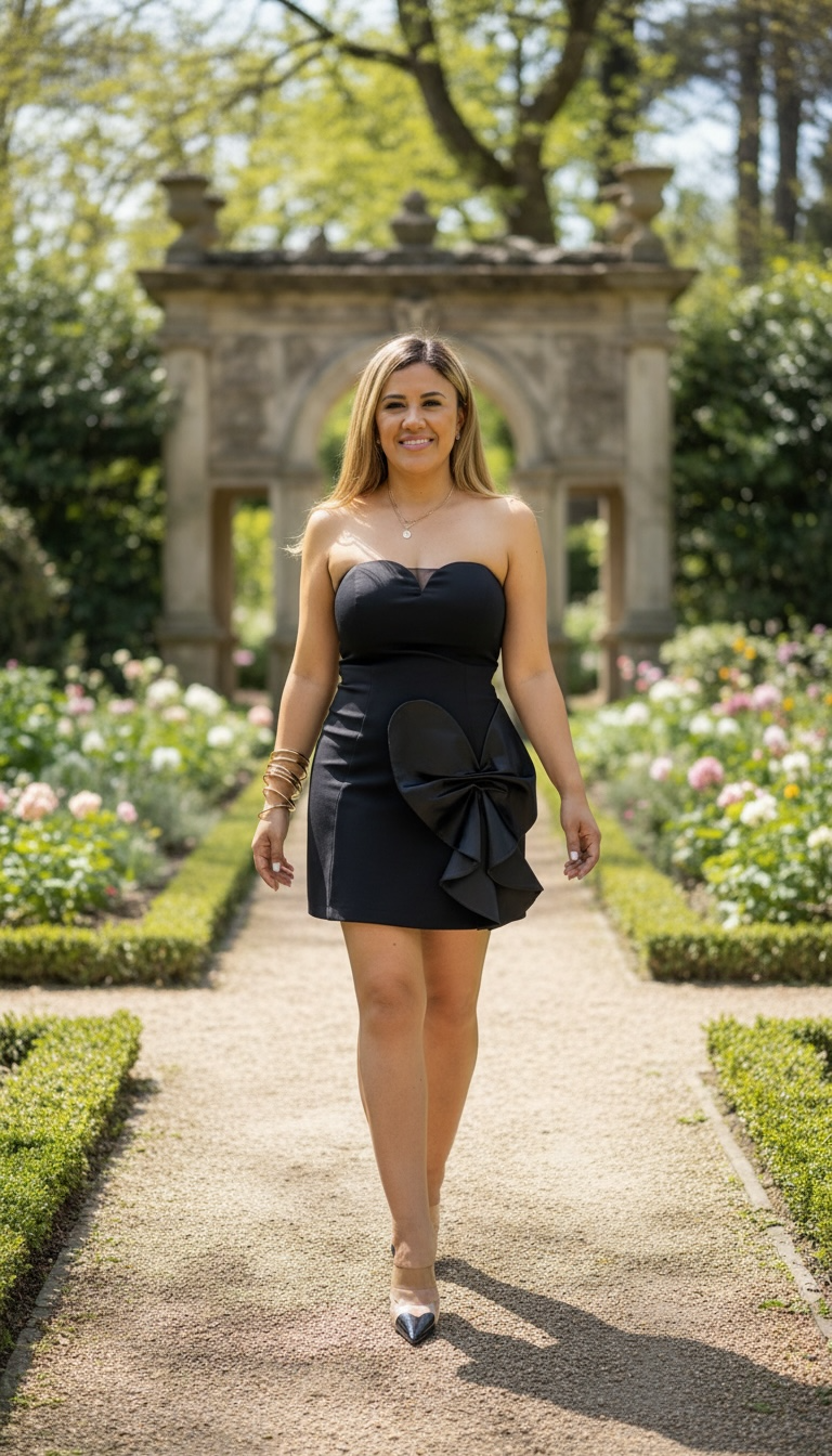 Vestido Negro Corte Suelto con Aplicación de Flor Grande